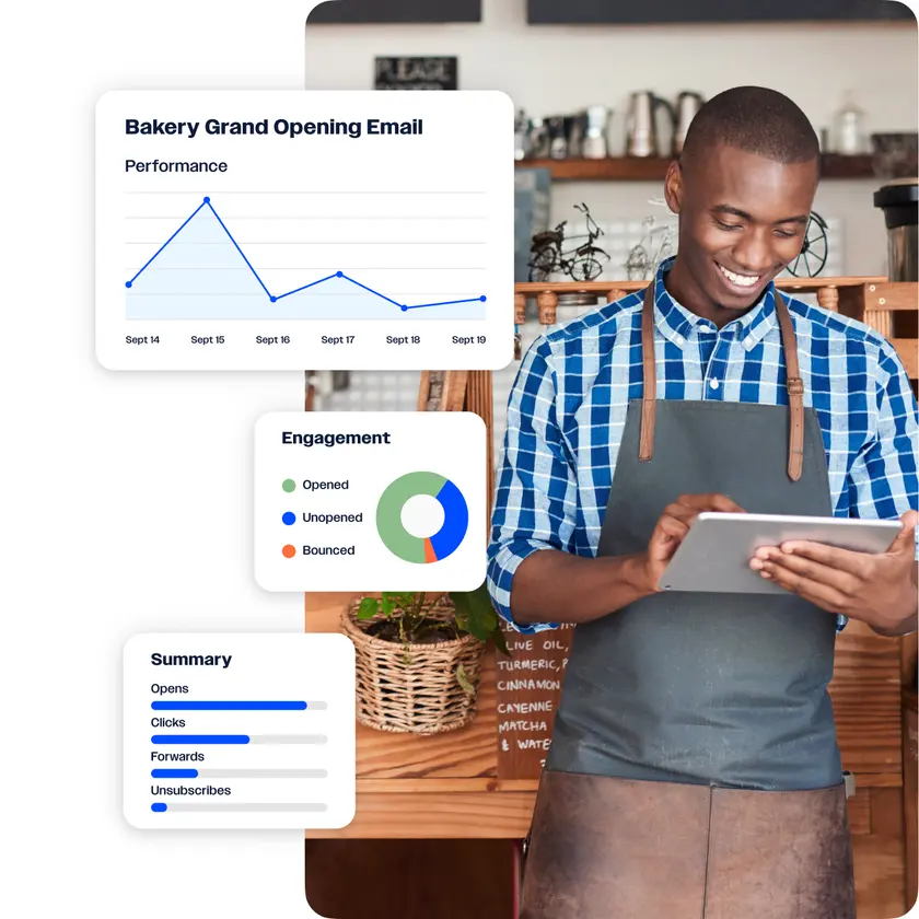Shop owner checking a tablet beside an ActiveCampaign email report with opens, clicks and engagement