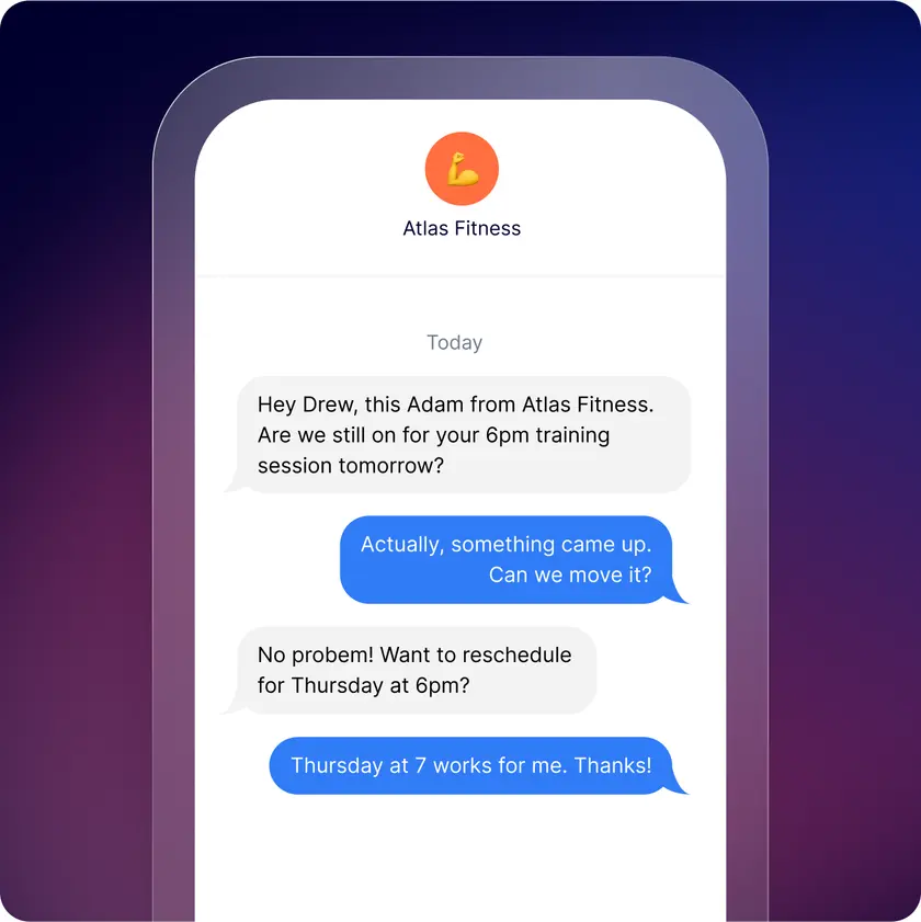 Text message conversation in which a fitness client reschedules a training session to Thursday at 7