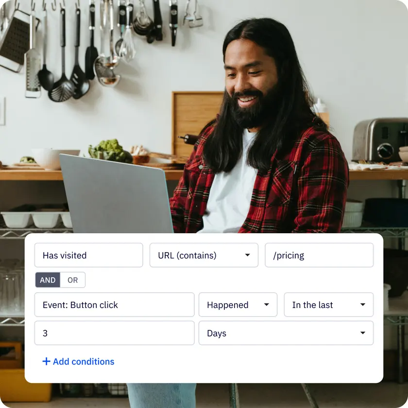 Business owner at a laptop beside ActiveCampaign segment conditions for website visits and button clicks in the last three days