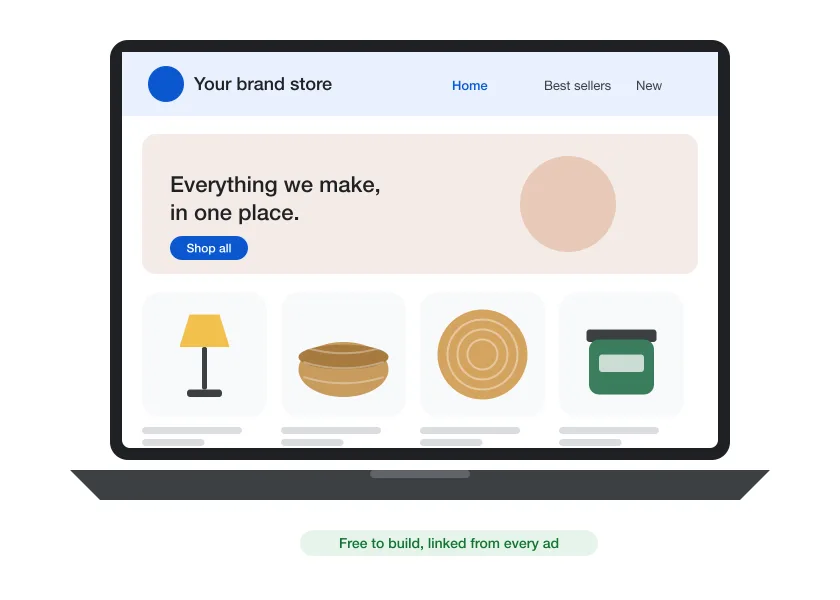 Illustration of a brand storefront on a laptop with a banner, menu and product grid
