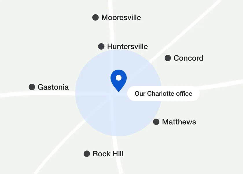 Illustration of the Charlotte metro with the OVERTOP office and nearby towns including Concord, Huntersville, Matthews, Gastonia, Rock Hill and Mooresville