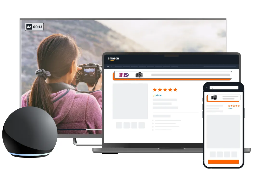 Amazon Ads example of one campaign running on a TV, a laptop, a phone and an Echo smart speaker