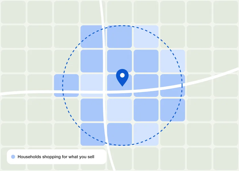 Illustration of a local map with targeted zip codes inside a radius around a business
