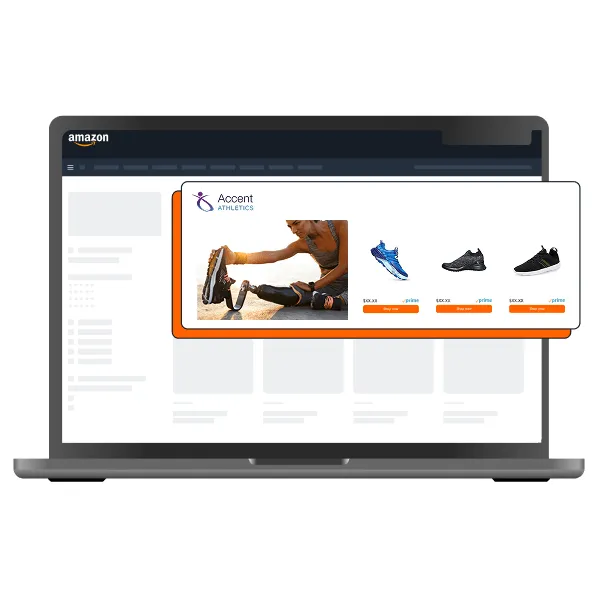 Amazon Ads example of a Sponsored Brands banner with a lifestyle image and three shoes at the top of desktop search results