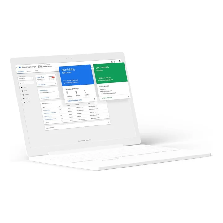 Google Tag Manager workspace on a laptop, an image from Google