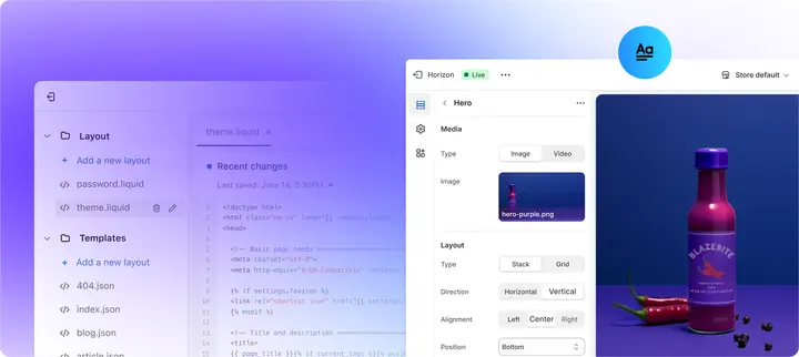 Shopify Liquid code beside the online store editor for a demo product page
