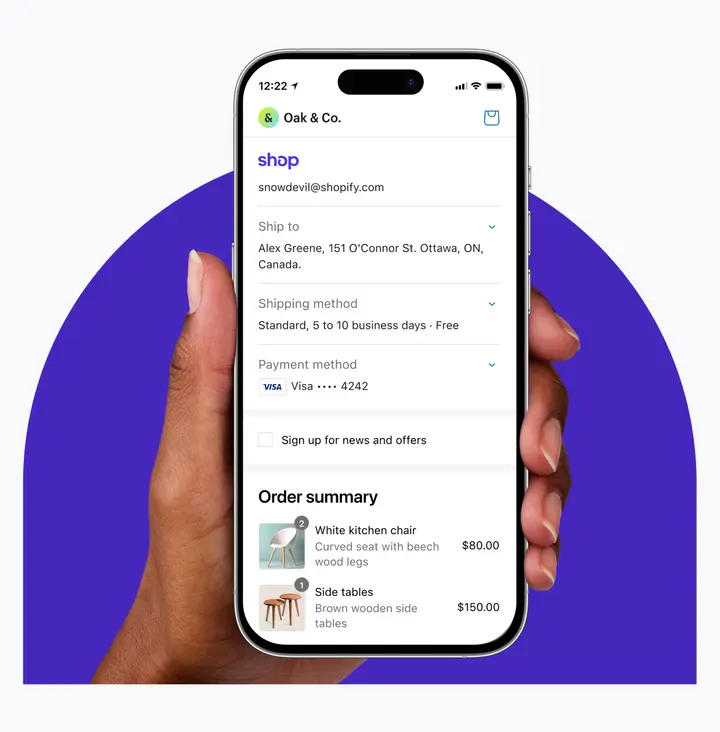 Shopify mobile checkout for a demo furniture store with shipping, payment and order summary