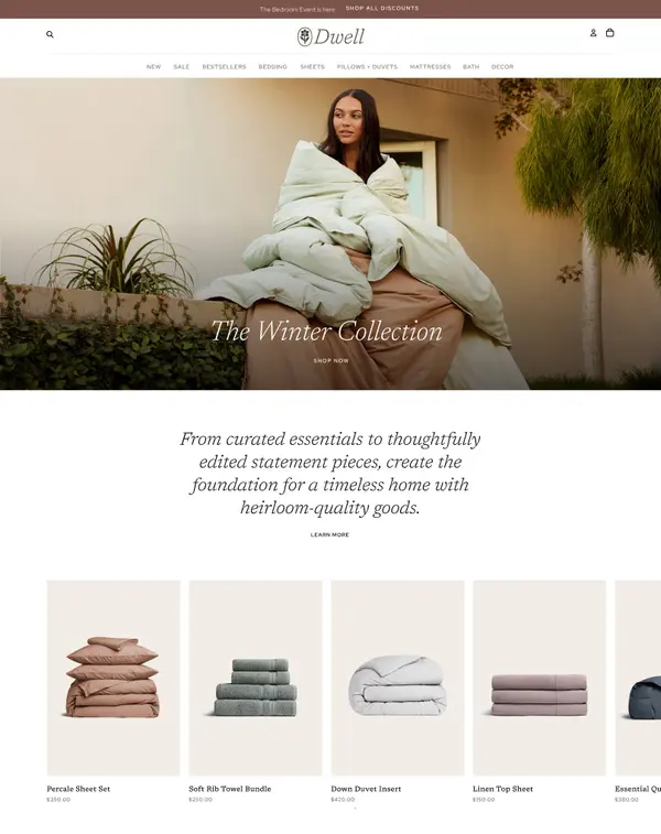 Shopify Dwell theme preview for a demo home goods store with bedding products