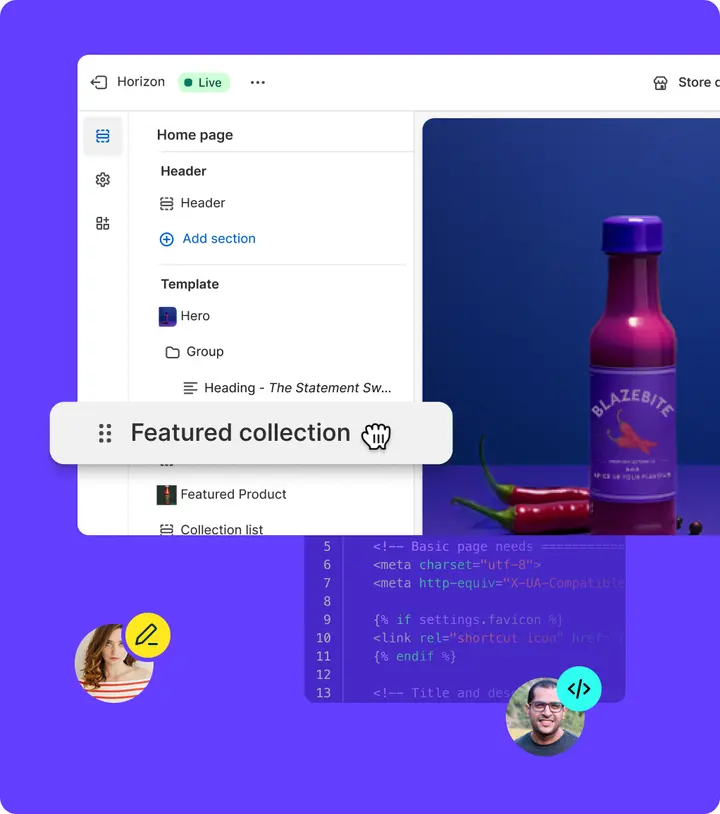 Shopify theme editor showing a featured collection section being added to a demo store home page