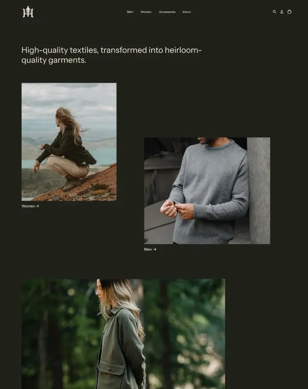 Shopify Heritage theme preview for a demo clothing store with outdoor lifestyle photos
