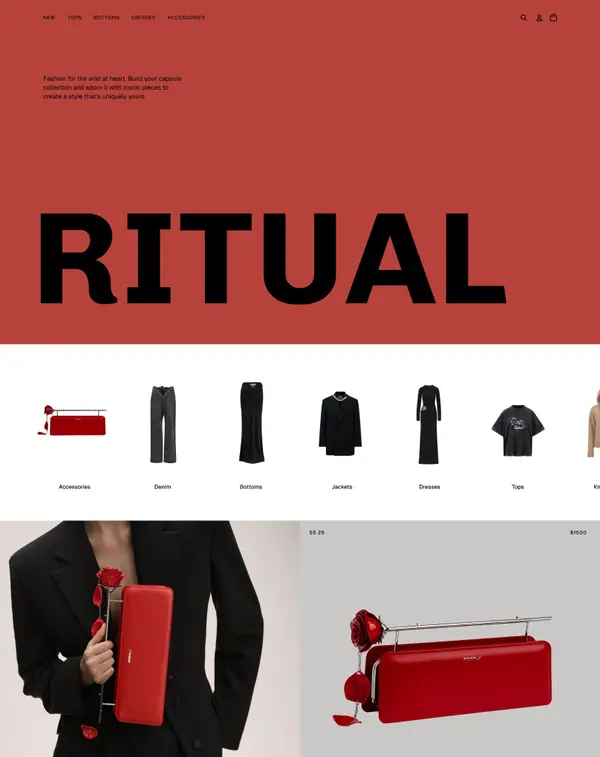 Shopify Ritual theme preview for a demo fashion store with a bold red banner