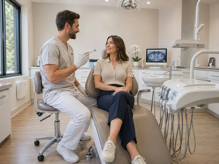 Dentist talking with a new patient in a bright modern dental office