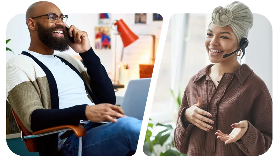Two people taking customer phone calls, one on a mobile phone and one on a headset