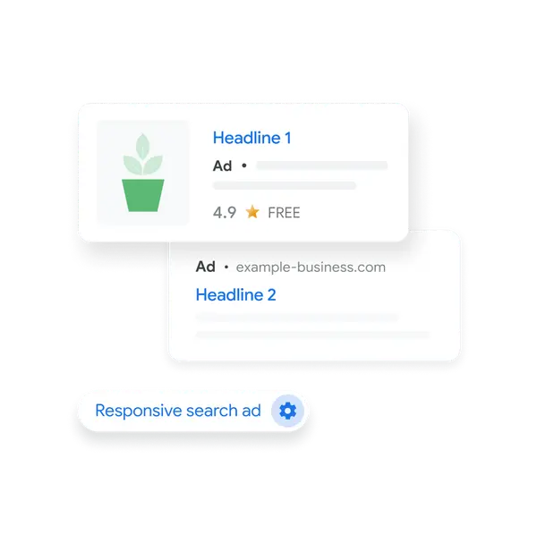 Google responsive search ad examples with headlines, a rating and a free-delivery label