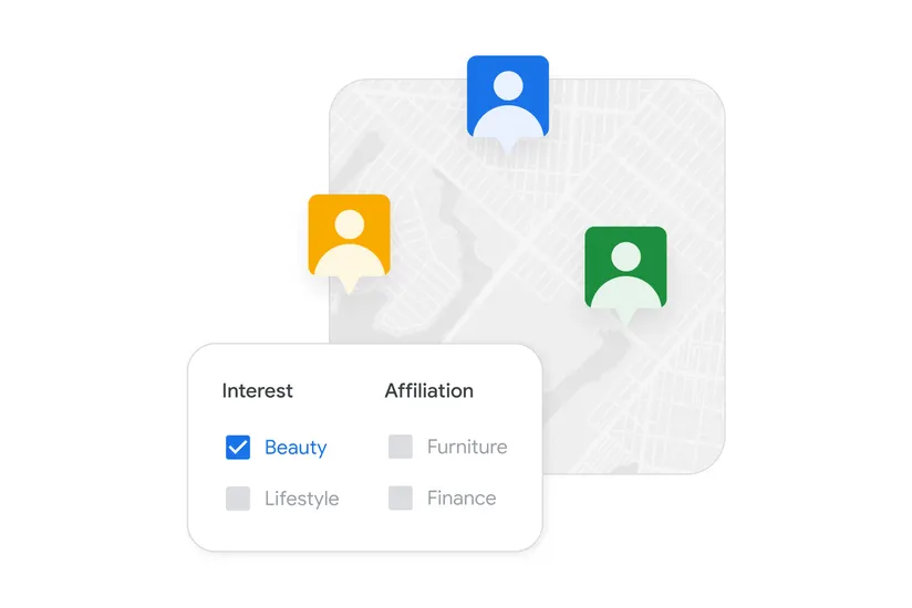 Google illustration of customers on a map with audience interest settings