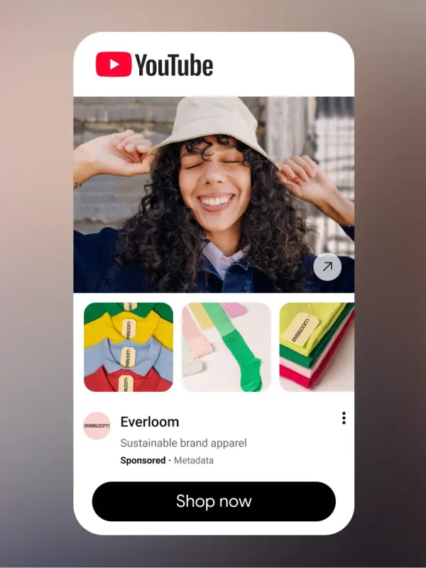 YouTube in-feed ad with product tiles and a Shop now button
