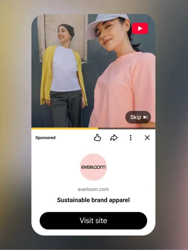 Skippable YouTube video ad for an apparel brand with a Visit site button