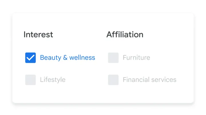 Google illustration of audience settings with interest and affiliation checkboxes