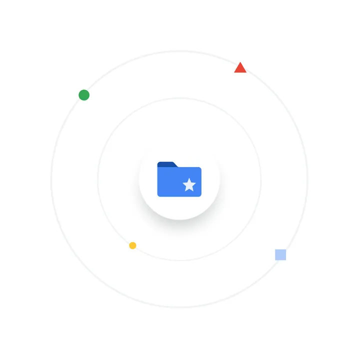 Google illustration of a starred folder of campaign assets with shapes orbiting around it