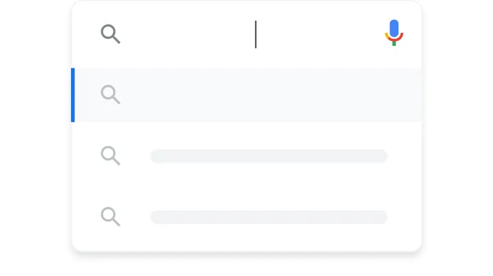 Google illustration of a search box with a voice button and suggested searches below it