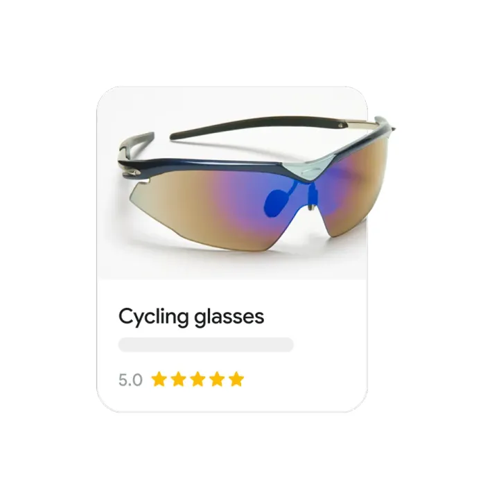 Google illustration of a Shopping product listing for cycling glasses with a five-star rating