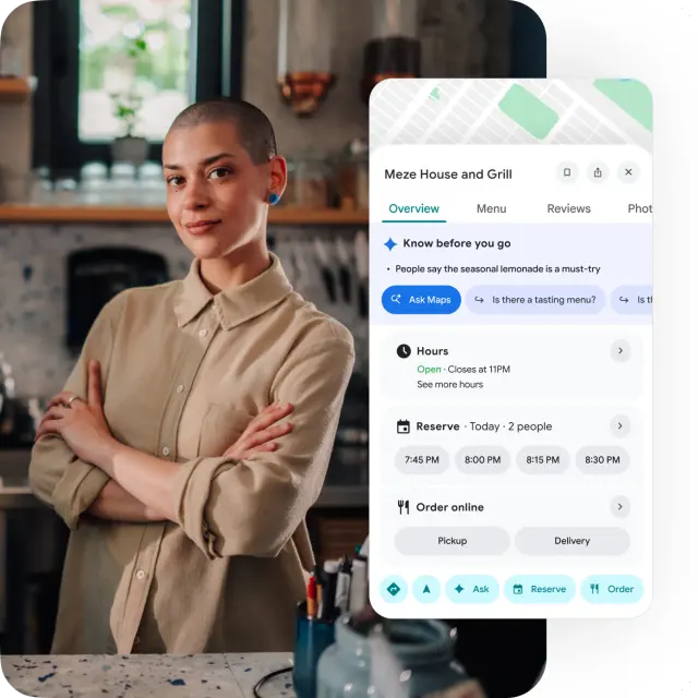 Restaurant owner beside her Google Business Profile with hours, reservations and Ask Maps questions