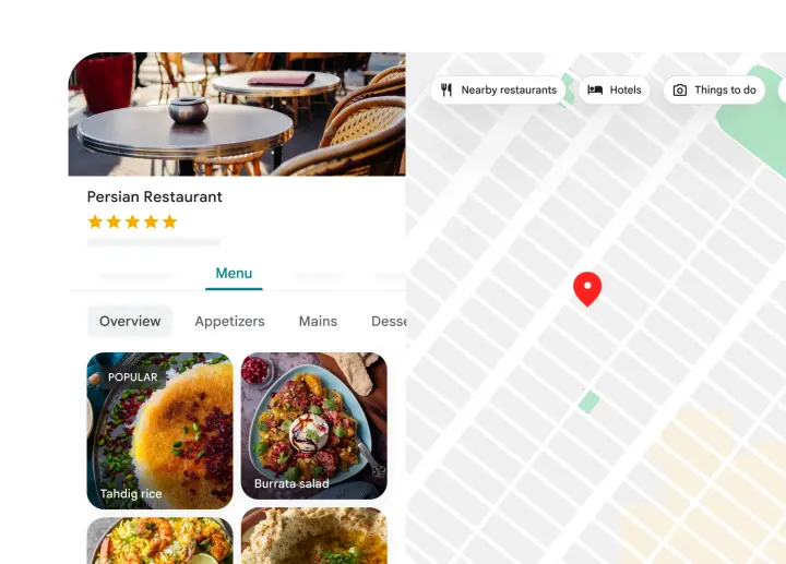 Google Maps showing a restaurant Business Profile with photos, star rating and its pin on the map