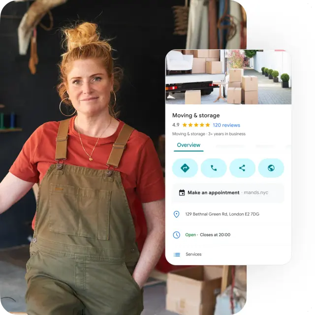 Moving company owner in overalls beside her Google Business Profile with reviews and a Make an appointment button