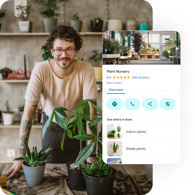 Plant shop owner among his plants beside his Google Business Profile with reviews and in-store products