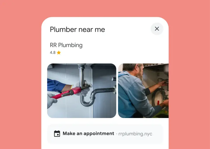 Plumber near me search on Google showing a plumbing business with job photos and a Make an appointment button