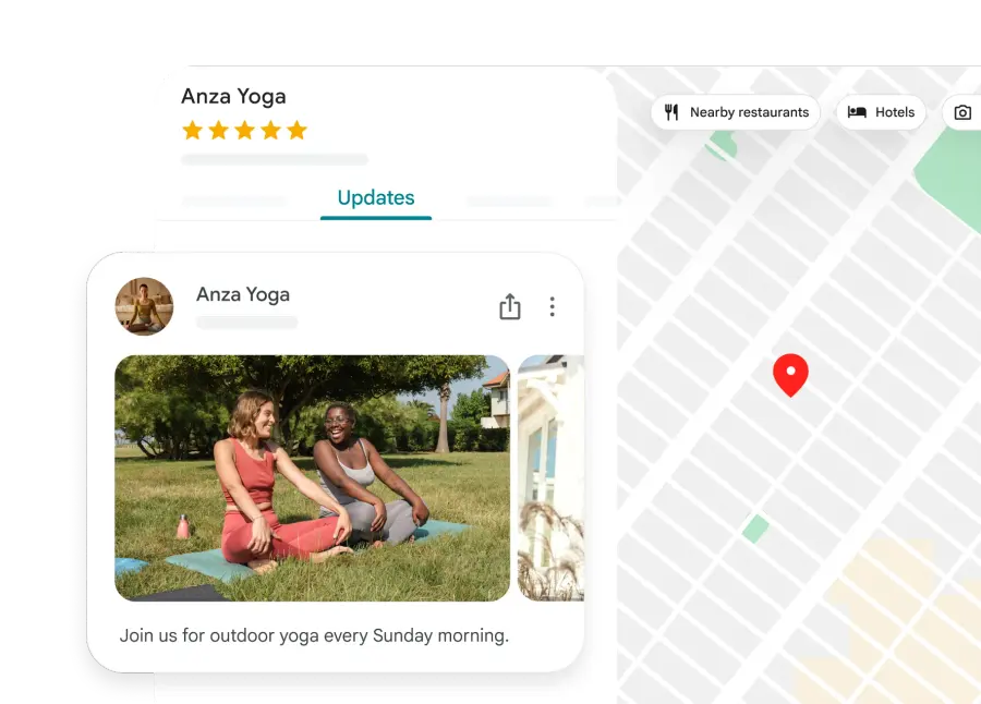Google Maps Business Profile for a yoga studio showing an update post with a photo of an outdoor class