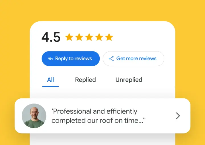 Google Business Profile reviews manager with a 4.5 star rating, Reply to reviews and Get more reviews buttons