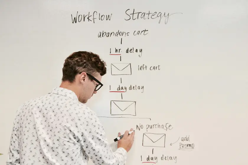 Marketer sketching a customer journey workflow on an office whiteboard