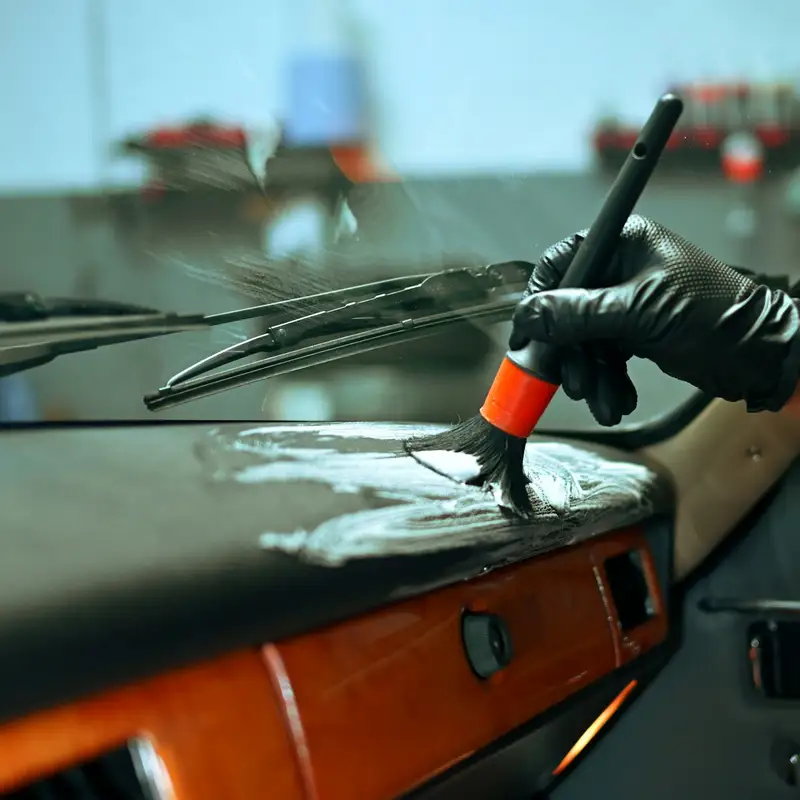 Email header photo: a gloved hand brushing cleaner across the dashboard of a classic car with a wood trim panel