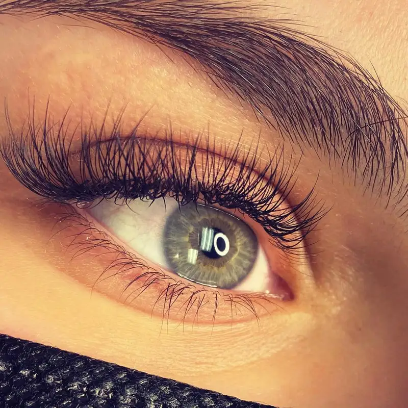 Email header photo: close view of a green eye with a fresh, wispy set of lash extensions under a softly groomed brow