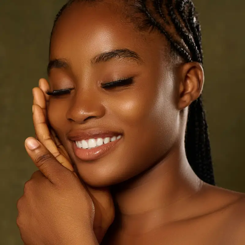 Email header photo: smiling young woman with braided hair resting her cheek on her hands, eyes closed