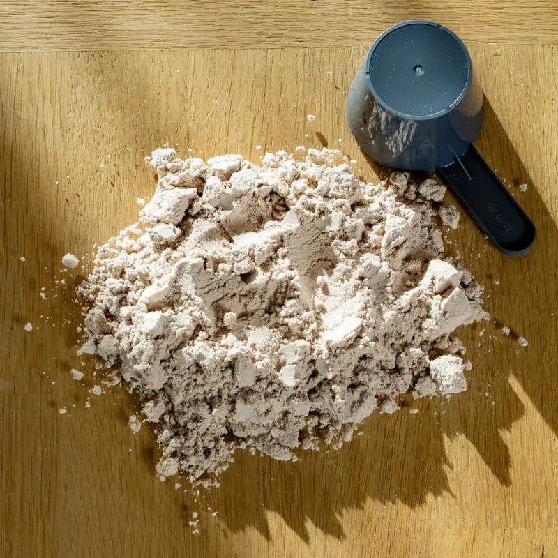 Email header photo: a mound of pale protein powder next to a dark measuring scoop on a sunlit wooden table