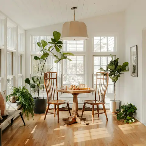 A bright sunroom lined with tall white-framed windows, sunlight falling across a wooden floor, a small dining table and potted plants