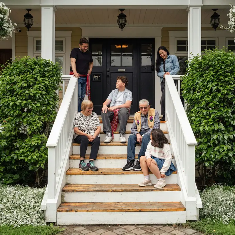 Email header photo: three generations of a family sitting and standing on the white front porch steps of a home, framed by hanging flower baskets