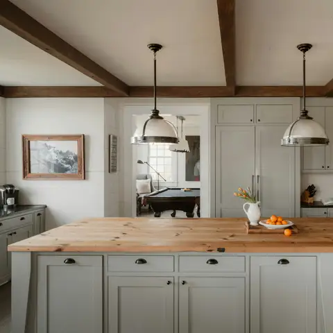 Remodeled farmhouse kitchen with a long wood-topped island, pendant lights and ceiling beams