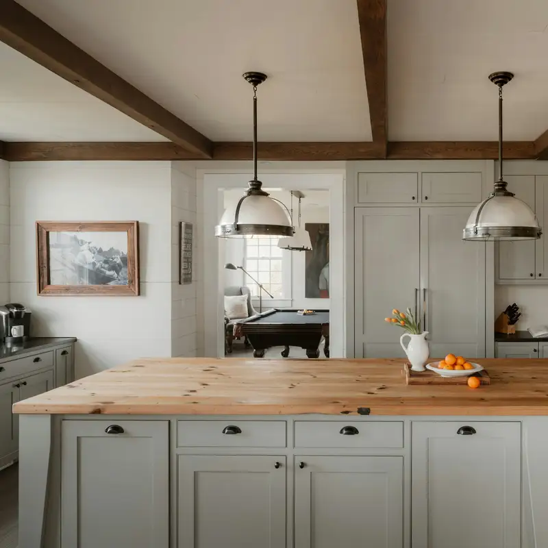 Email header photo: remodeled farmhouse kitchen with a long wood-topped island, pendant lights and ceiling beams