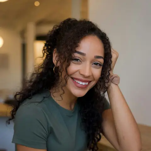 Smiling woman with long curly hair in a green T-shirt leaning on a wooden table in a bright cafe