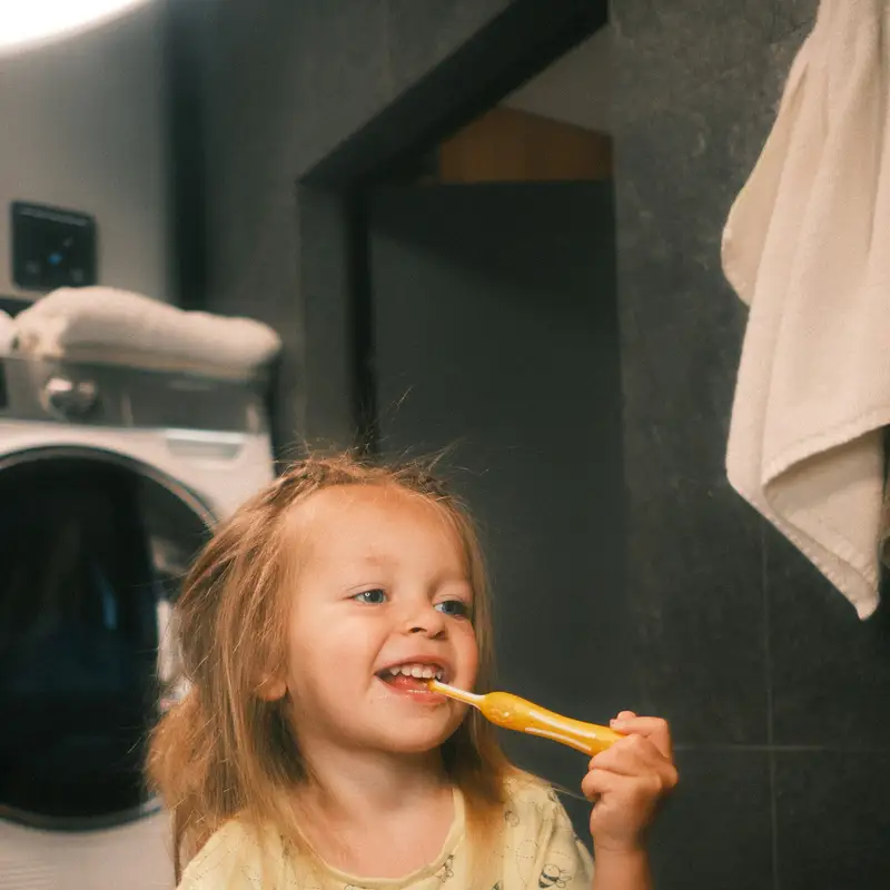Email header photo: toddler in a bee-print shirt laughing while brushing her teeth in front of a bathroom mirror