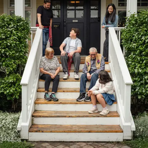Three generations of a family talking on the white front steps of a house, grandparents seated beside a teenager and a young girl