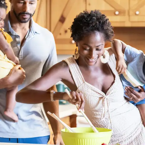 A smiling mother stirring a bowl in a bright kitchen while holding her young son, with the father and a baby beside her