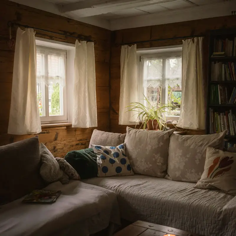 Email header photo: a cozy wood-paneled living room with a cushioned sofa, lit candles on a low table and white curtains on the windows