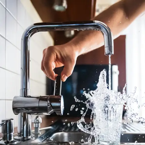 Hand turning on a chrome kitchen tap as water splashes into a glass in the sink