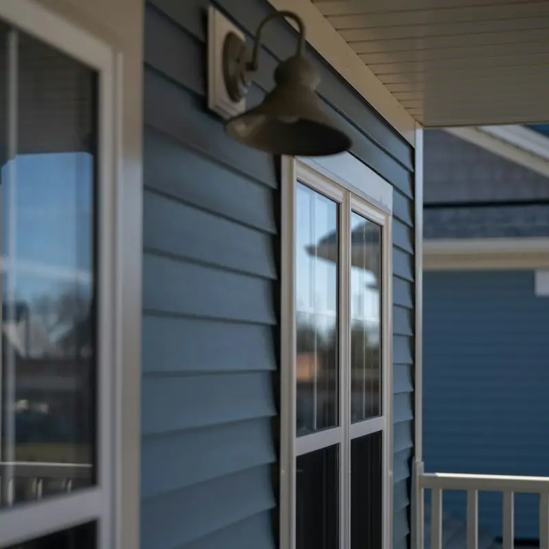 Email header photo: close view of blue lap siding with white window trim and a dark porch light beside a front porch railing