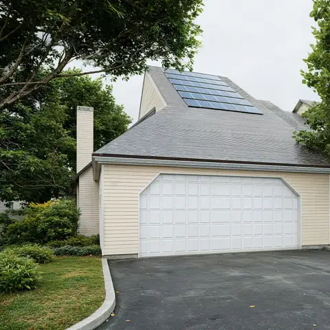 Cream-colored house with solar panels on the upper roof, a white garage door, a paved driveway and shade trees on both sides