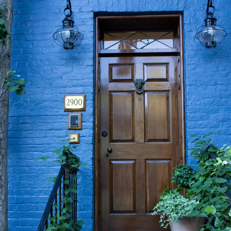 Email header photo: wooden six-panel front door with a glass transom above, set in a blue brick wall with potted plants beside the steps
